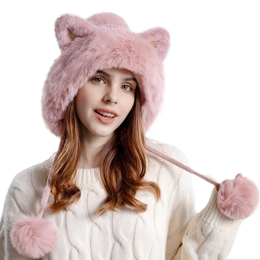2275 Girls Cat Ears Fleece Lined Hat, Winter Warm Knitted Beanie Slouchy